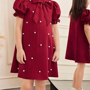 SHEIN Burgundy Kids Dress with Bow and Pearl Details